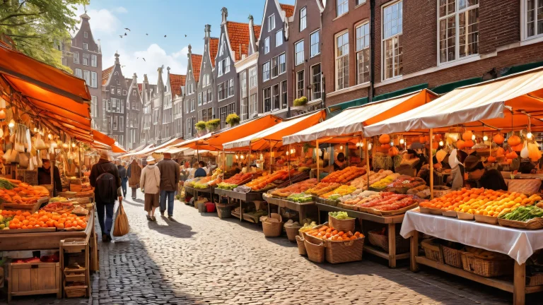 A beautifully crafted digital art piece of a Dutch street market on a pristine desktop/PC background.