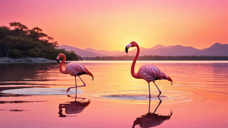A serene desktop scene featuring a flamingo standing on a calm lake's surface against a pure void, reflecting warm sunlight and vibrant colors for a visually stunning experience on your Desktop/PC.
