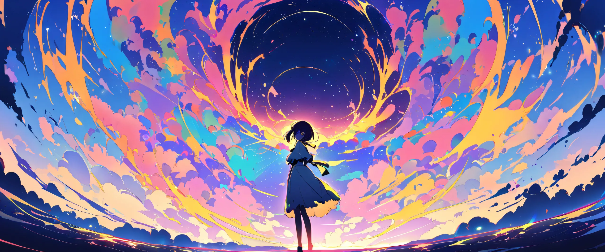 A young girl standing in a vast, pure void, looking directly at the viewer with a serene expression, against a bright and airy sky filled with vibrant yellows and cinematic lighting. For Desktop/PC.