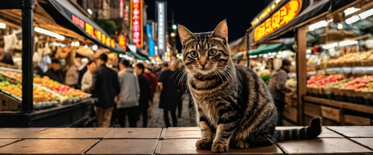 Stunning desktop wallpaper of a tabby cat on a pure void background with a bustling market scene, perfect for PCs and Macs.