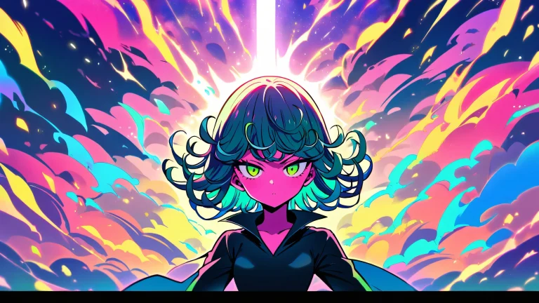 A girl stands alone in a vast, reine Leere, looking directly at the viewer with an ethereal glow.