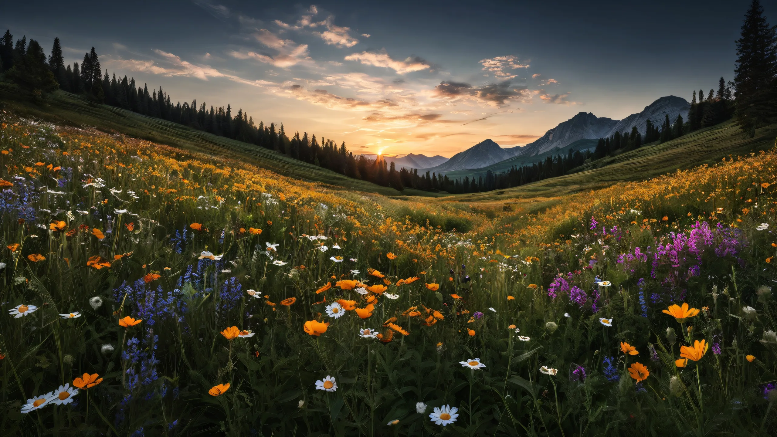 A serene and vibrant wildflower meadow for your desktop/pc with a sleek dark mode aesthetic.