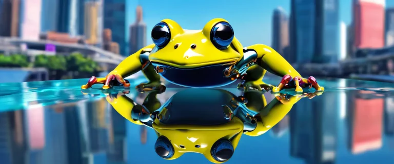 Award-winning digital art of Mechanical Frog at water's edge on a desktop/PC with serene blues and vibrant yellows, featuring extreme depth of field and ray traced reflections.
