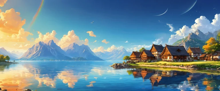 Ethereal village scene for desktop/pc, Earth tones and blues, art numérique primé.
