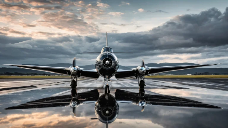A vintage aircraft desktop wallpaper featuring a runway and mirror reflections on a dark mode background for Desktop/PC.