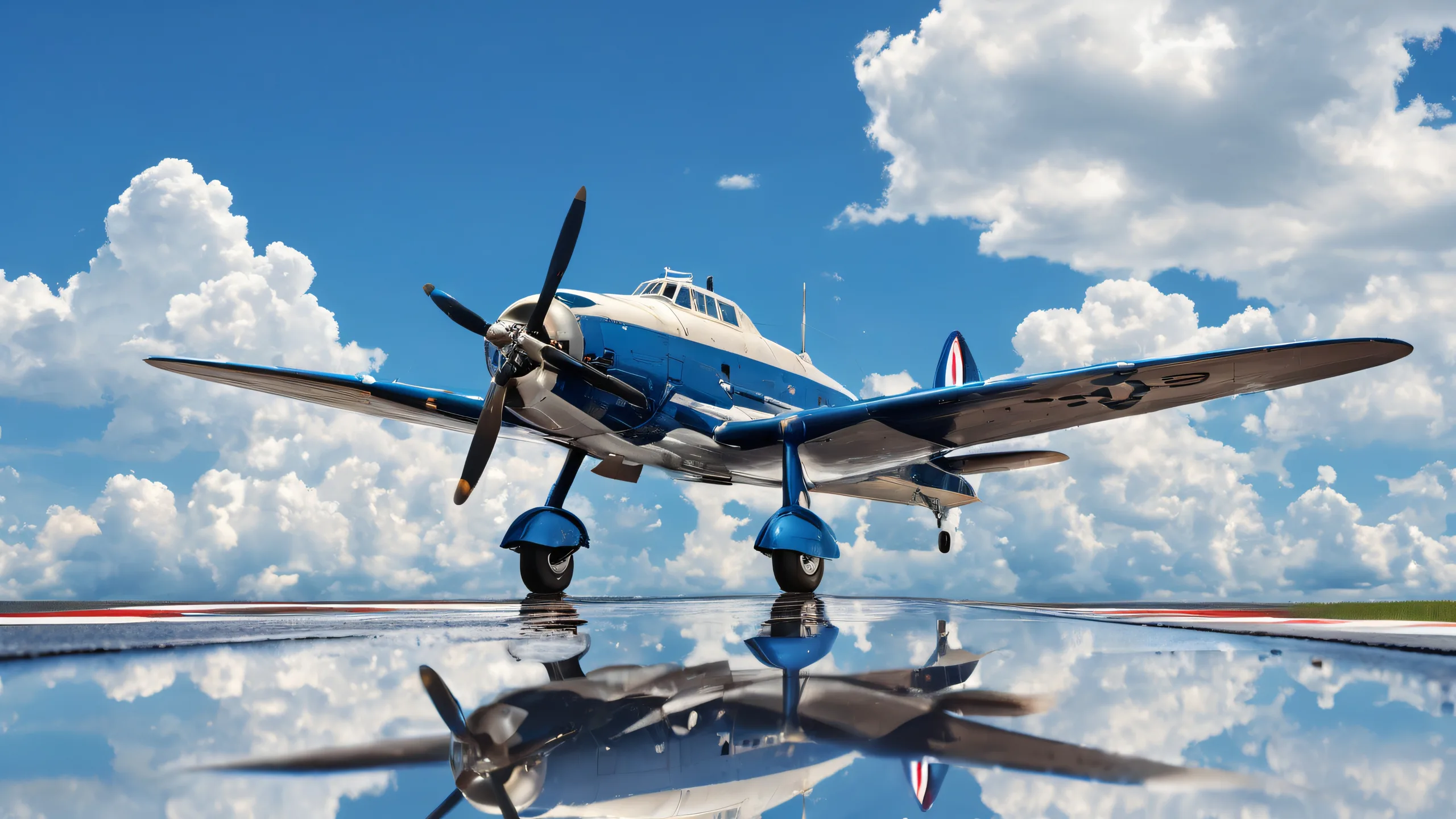 Ethereal desktop wallpaper of vintage aircraft on a pristine blue sky with towering white cumulus clouds and reflective wet runway, suitable for PC or Desktop.