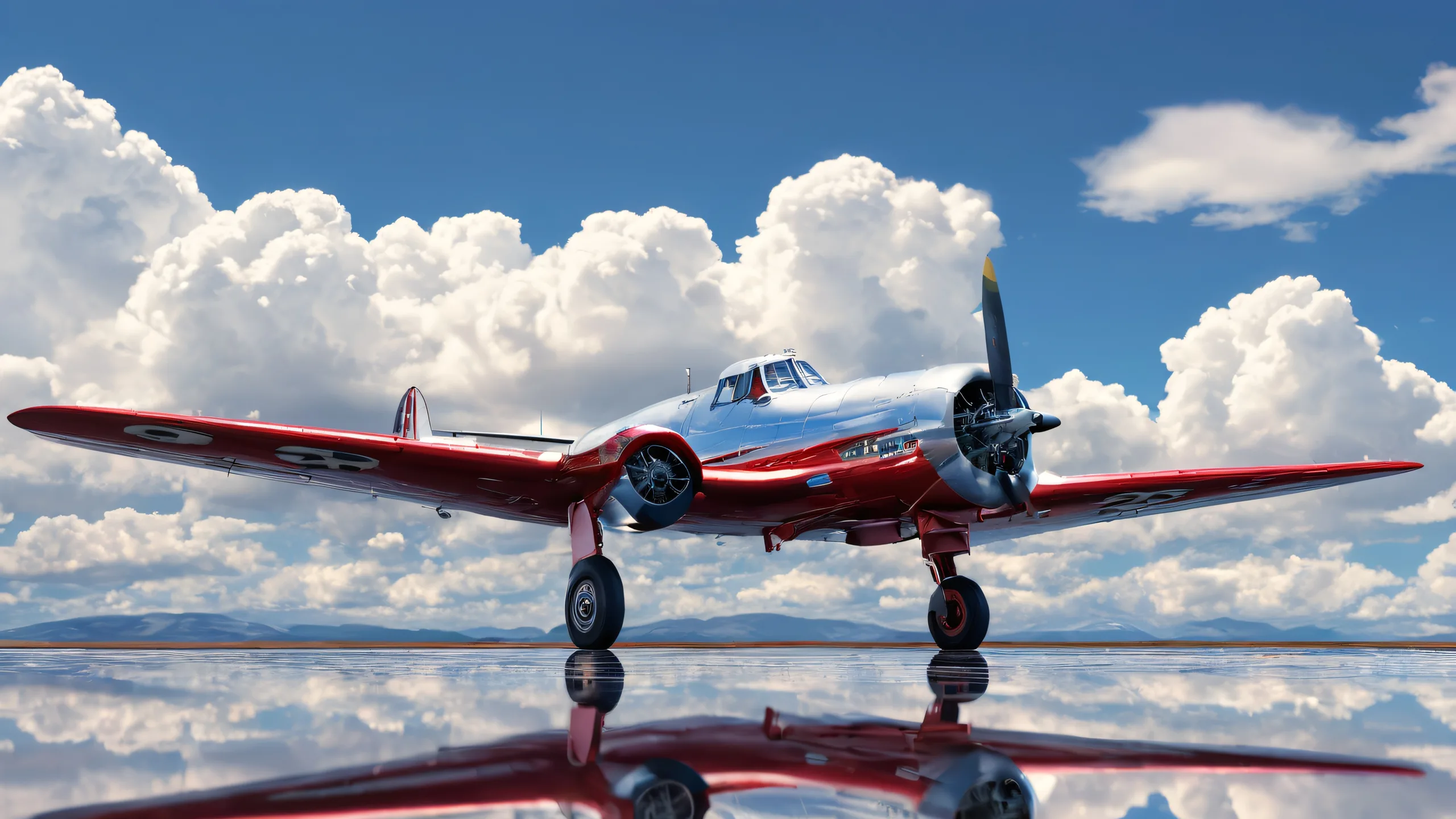 Epic Vintage Aircraft Soar in Ethereal Skies Desktop Wallpaperparfait pour votre PC ou ordinateur de bureau A beautiful desktop wallpaper featuring vintage aircraft flying high above a vast, pure void with a rich blue sky and dramatic white cumulus clouds on a wet runway/tarmac, perfect for your PC or Desktop