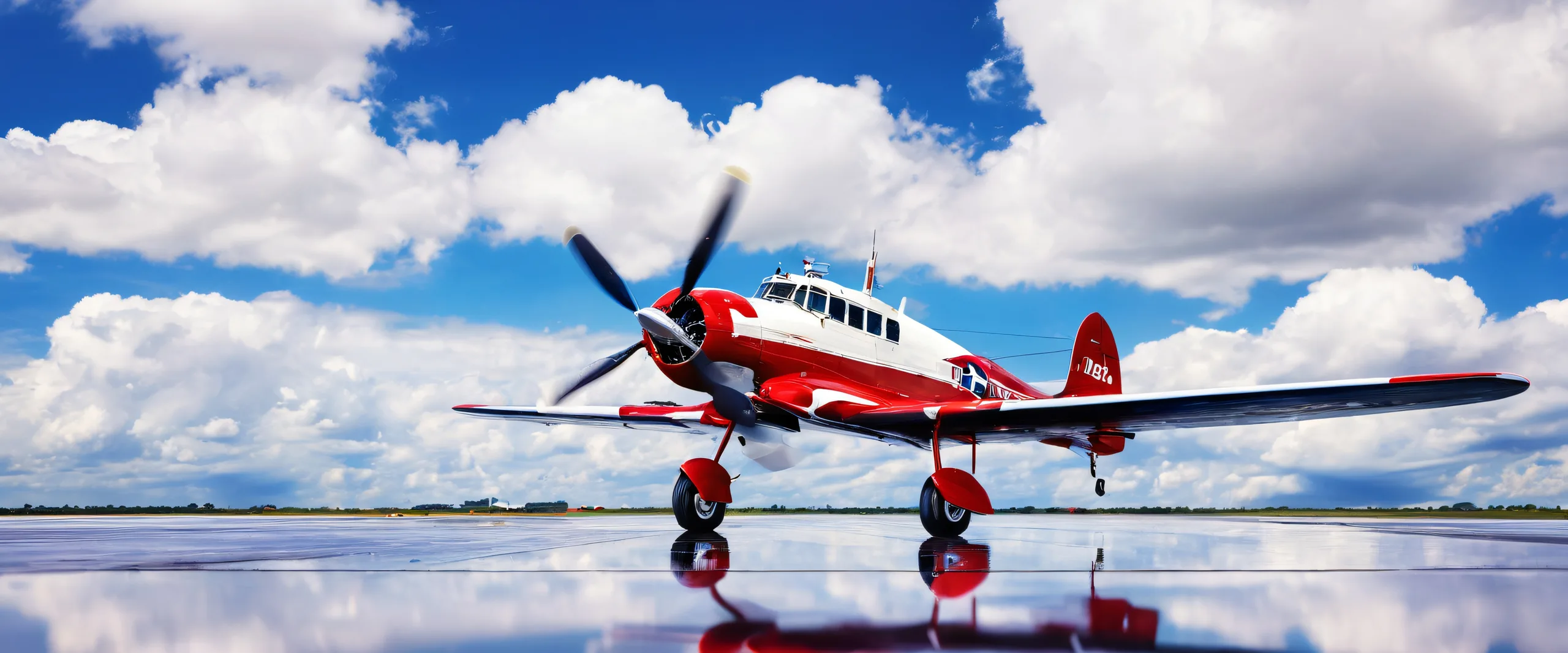 Vintage Propeller Aircraft Soar Aesthetic PC Wallpaper Vintage propeller aircraft on a pristine tarmac with a deep blue sky and white cumulus clouds, perfect for desktop/pc backgrounds.