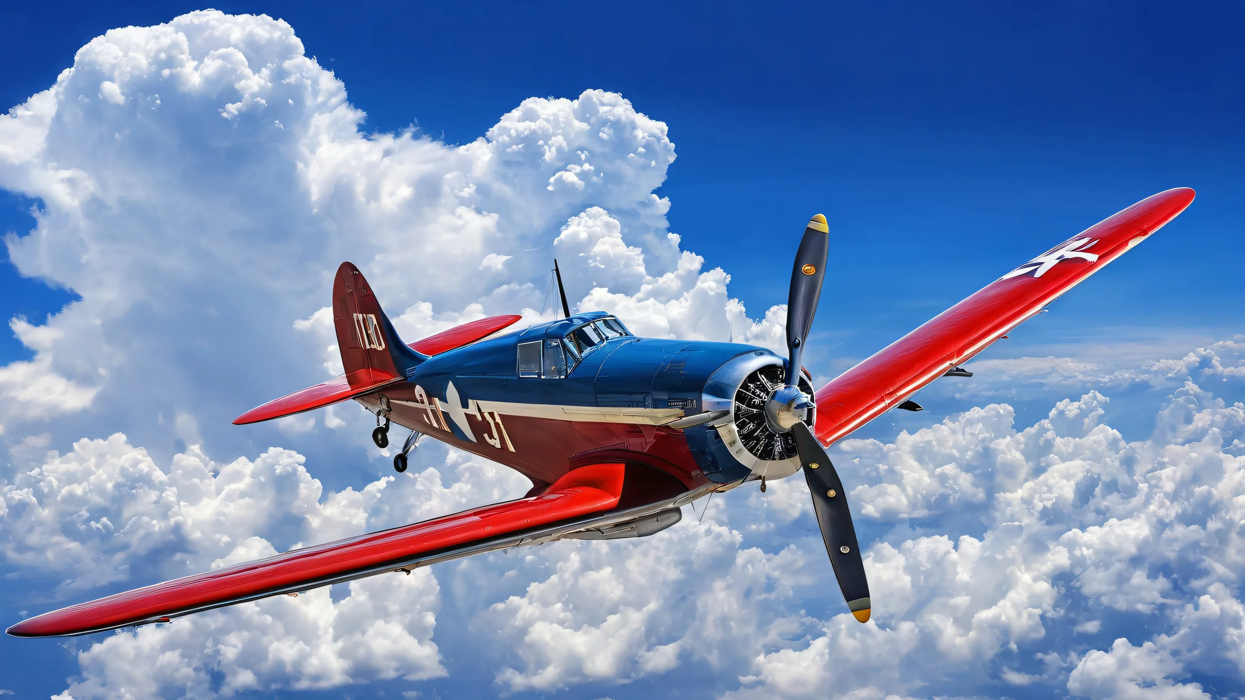 Vintage propeller aircraft flying over a vast pure void with a dramatic blue sky and white cumulus clouds, suitable for desktop/pc screens.