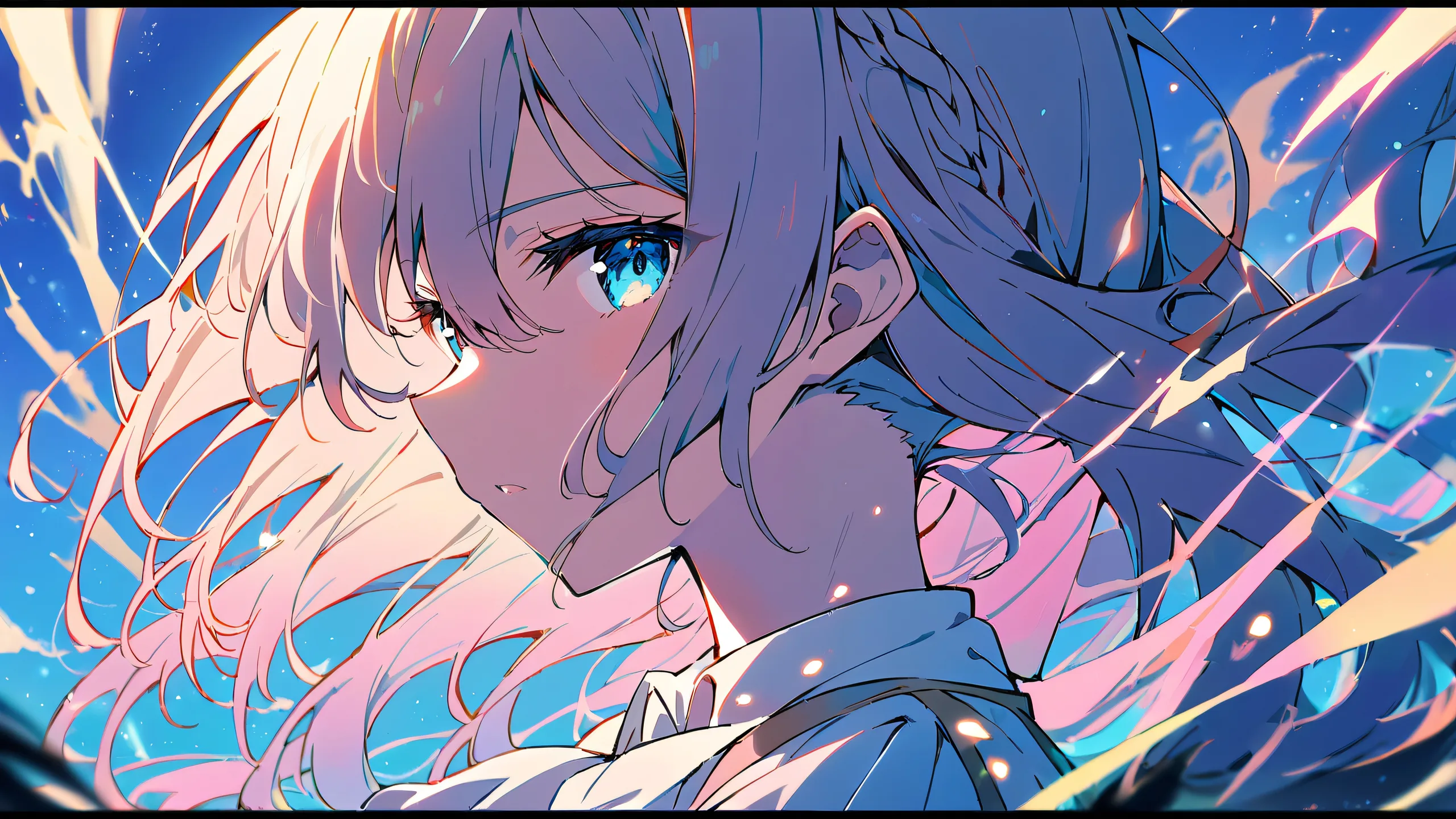 Girl from Violet Evergarden anime series looking directly at the viewer on a clean and vast pure void background, suitable for desktop/pc use.