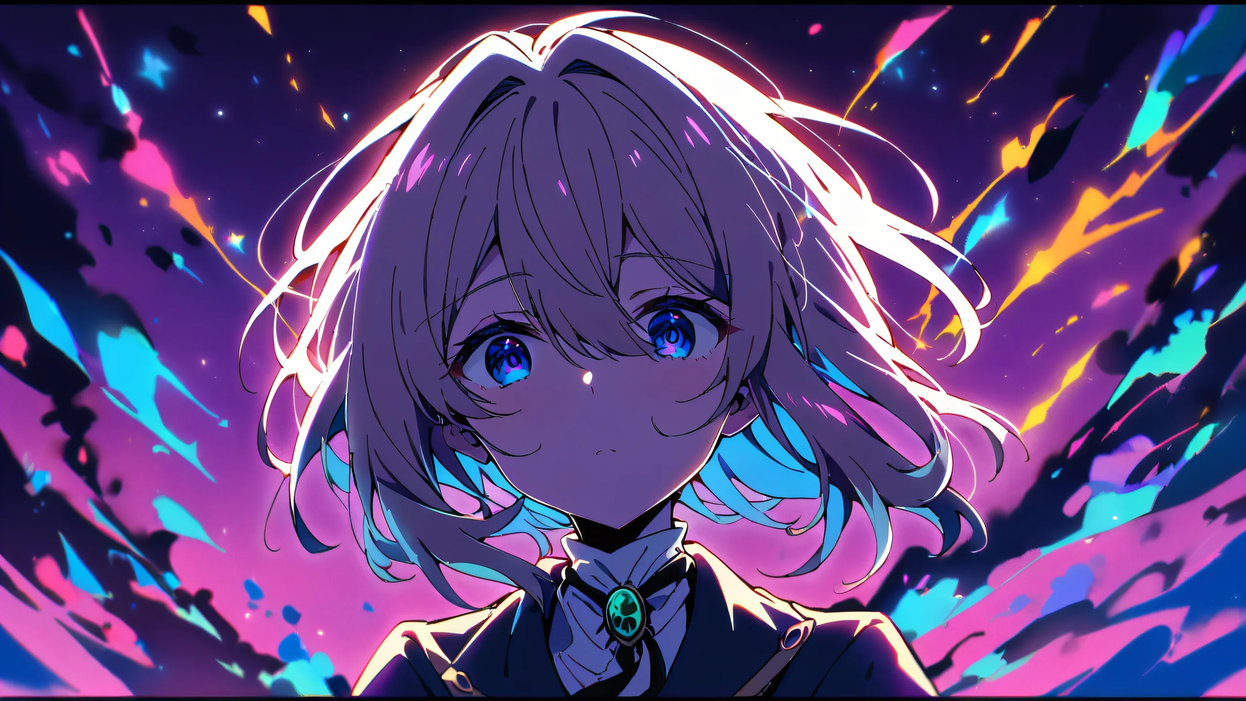 A solo Violet Evergarden looking directly at the viewer on a perfectly clean and vast pure void background, ideal for desktop/pc use.