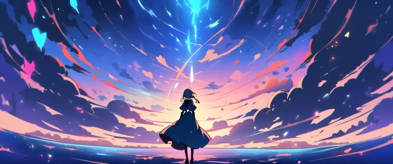 A solo Violet Evergarden gazes at the viewer from a vast, pure blue desktop background with an extreme depth of field.