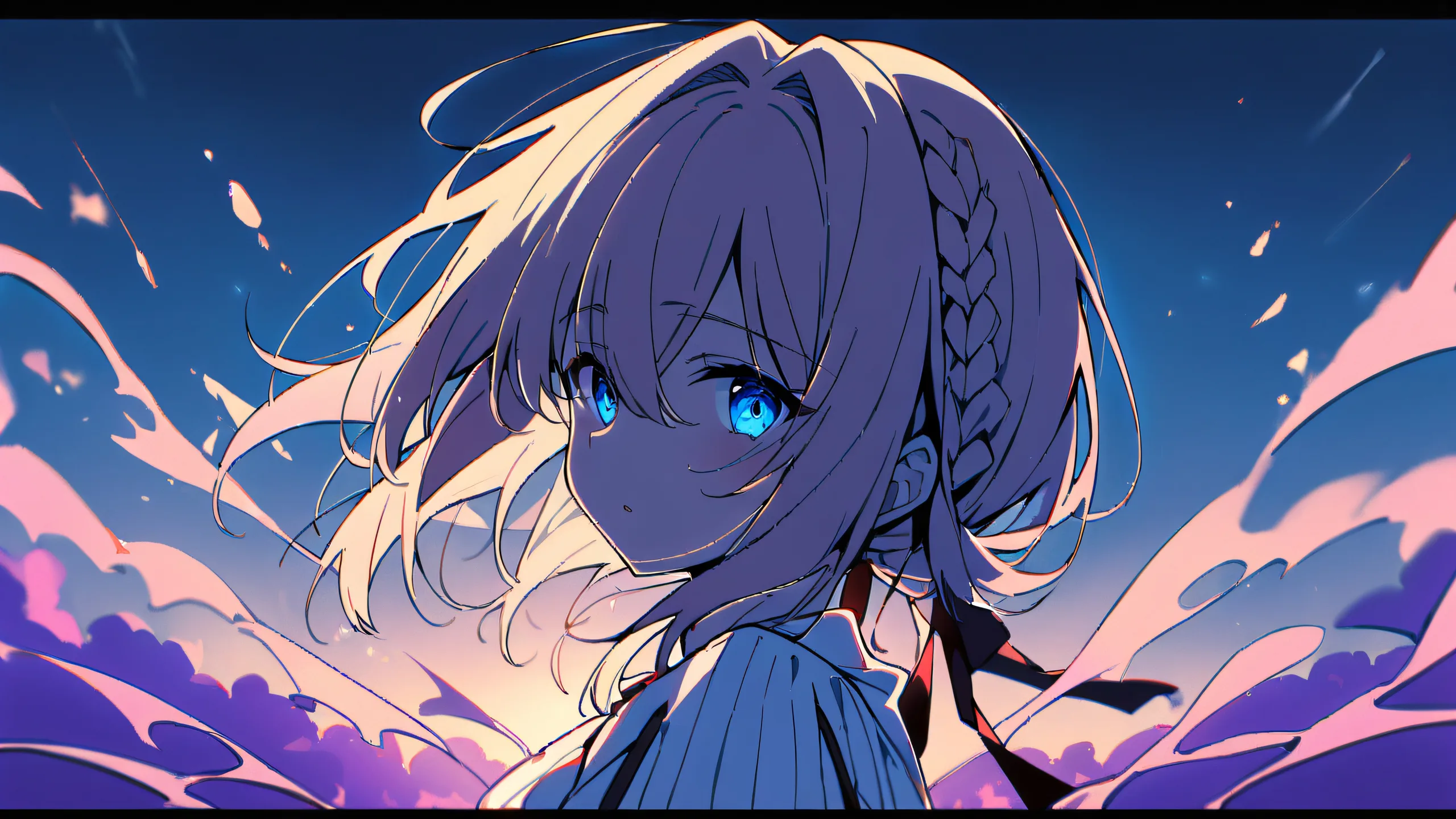 A beautiful anime girl stands alone in a vast pure void, looking directly at the viewer. Minimalist background with red and white colors.