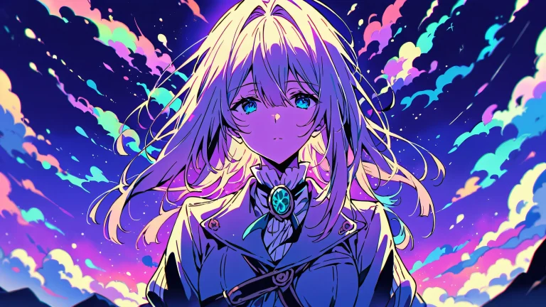 A beautifully illustrated anime scene of Violet Evergarden on a perfectly clean and vast pure void, 極端な被写界深度. デスクトップ/PC.