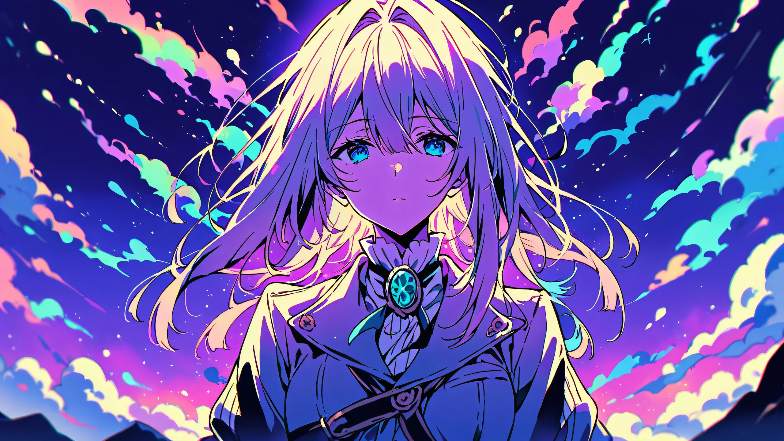 A beautifully illustrated anime scene of Violet Evergarden on a perfectly clean and vast pure void, with extreme depth of field. Desktop/PC.