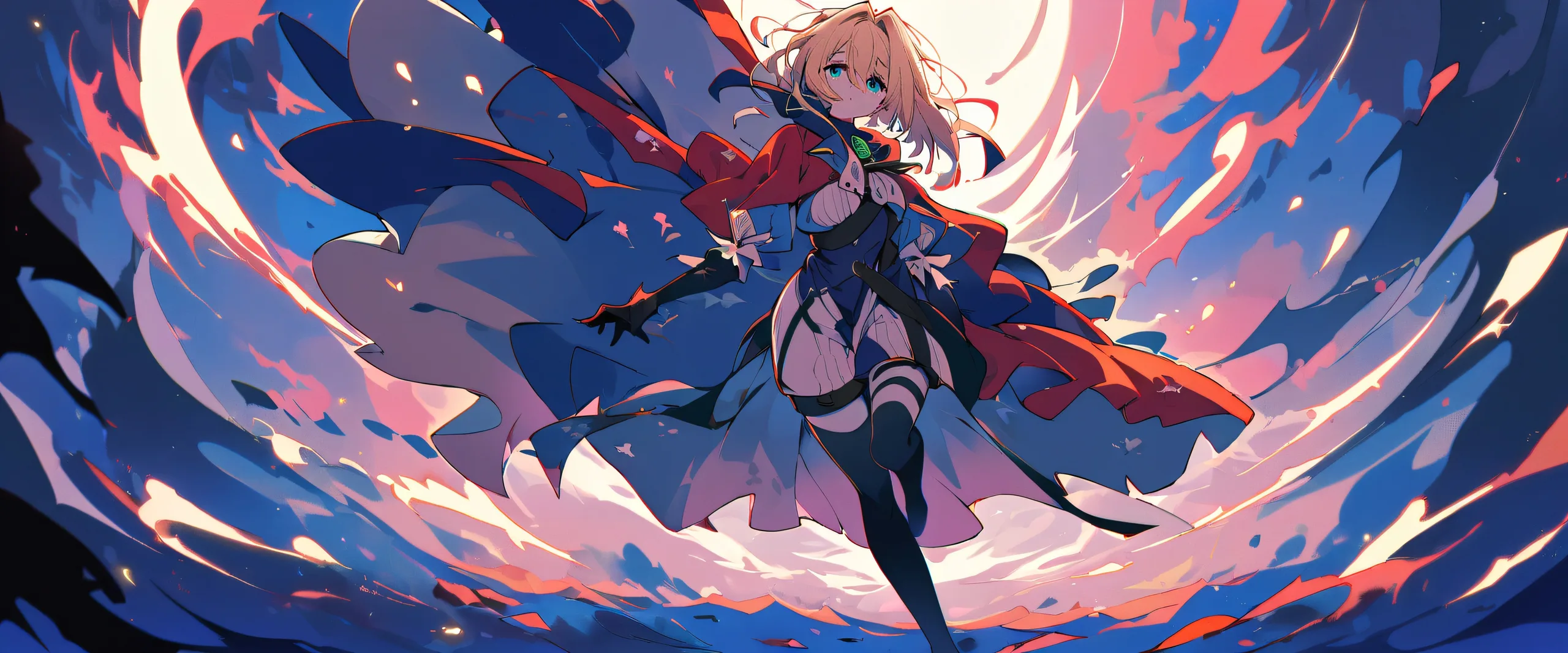 A serene anime girl, Violet Evergarden, gazes out at the viewer from a perfectly clean vast pure void with extreme depth of field and subtle texture creating a sense of dimensionality on a 21:9 ultrawide panoramic desktop.