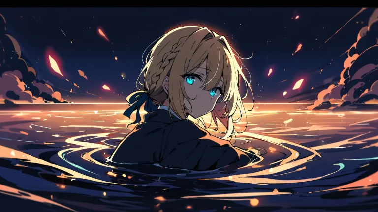 A solo Violet Evergarden looking at the viewer in a perfectly clean vast pure void with a subtle sense of water ripples, reminiscent of a calm ocean. Dominant blues and whites with touches of bright reds and oranges for emphasis.