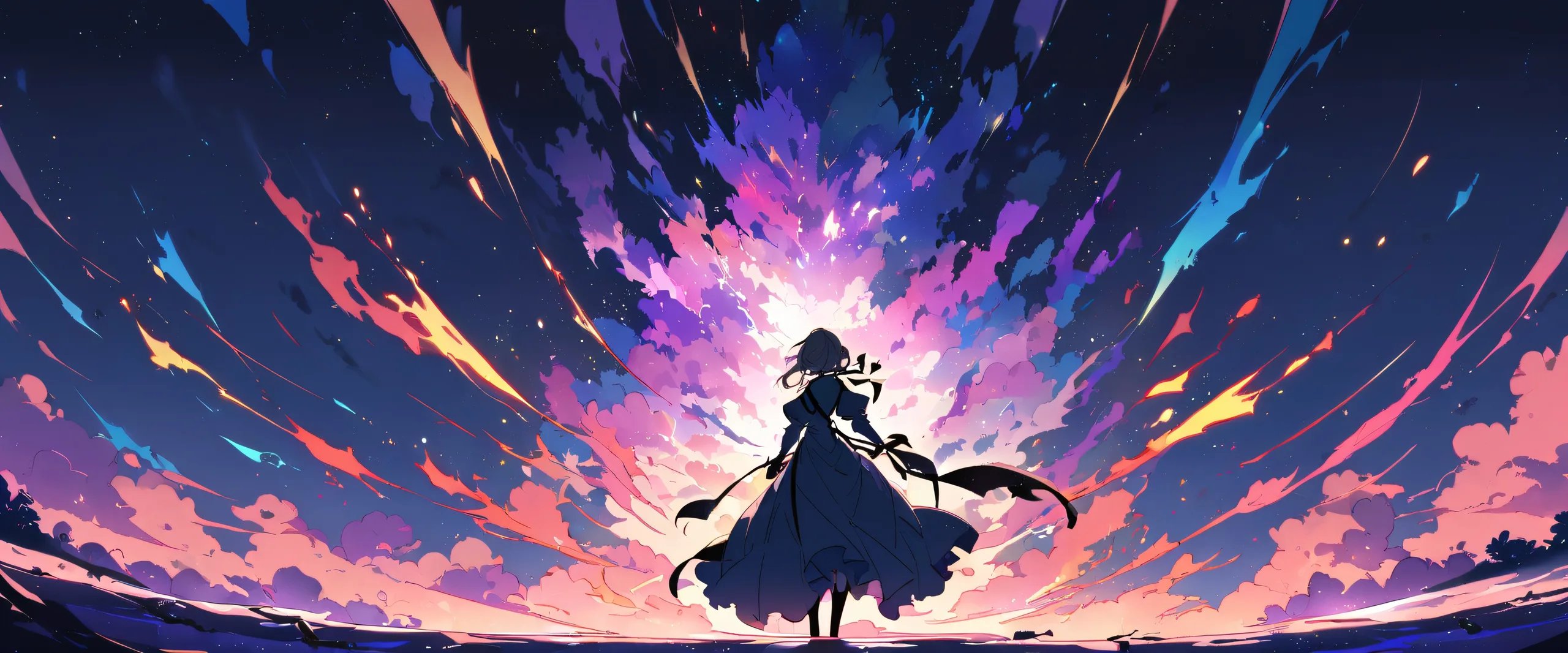 A solo moment of Violet Evergarden gazing at the viewer against a perfectly clean vast pure void with extreme depth of field, ideal for desktop use on PC or laptop.