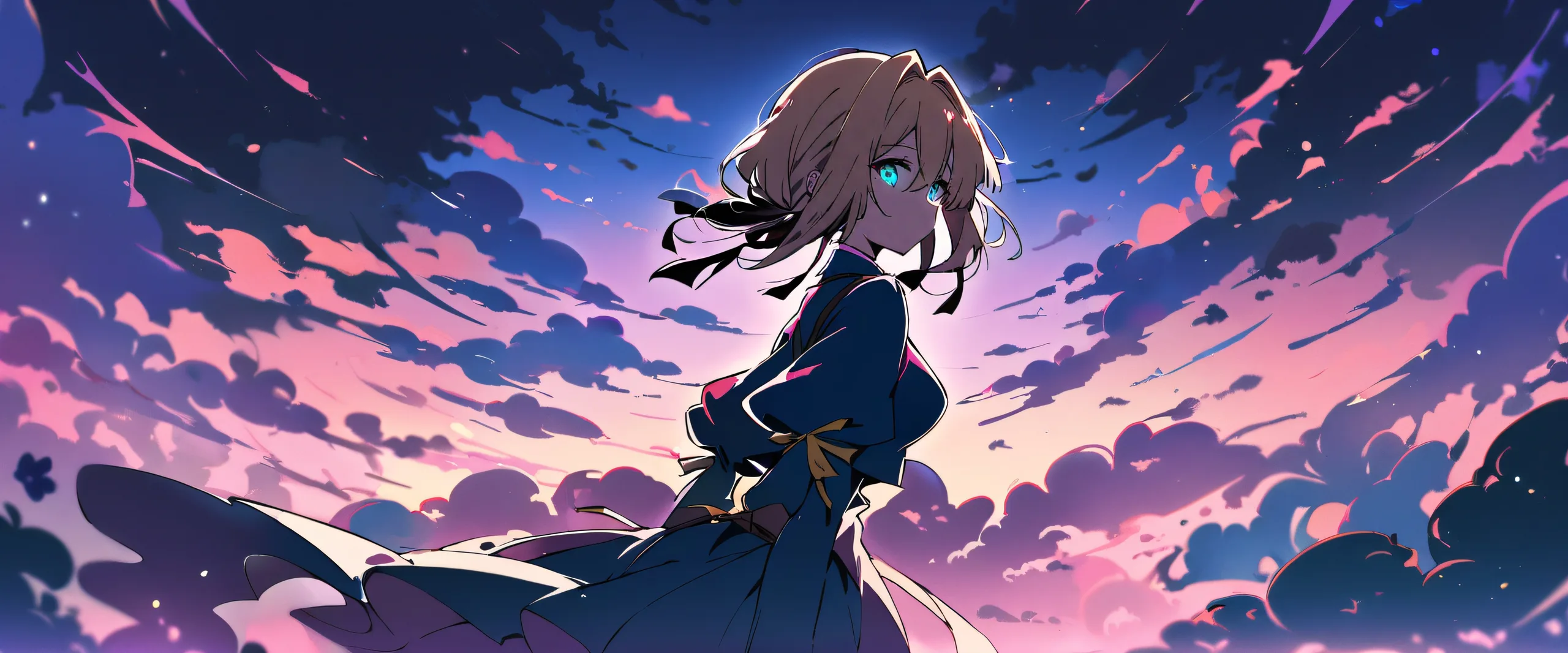 Ultra HD Violet's Serene Moment Wallpaper A serene scene of Violet Evergarden looking at the viewer from a perfectly clean vast pure void with extreme depth of field, featuring a bright and airy sky with ethereal lighting.