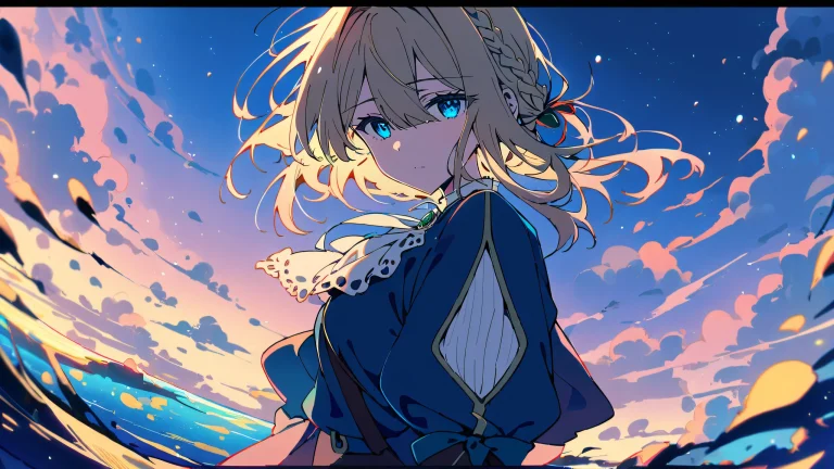 Violet Evergarden standing in a perfectly clean vast pure void, looking directly at the viewer, with bright blue and vibrant white hues in the background.