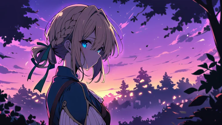 A serene anime-inspired desktop scene featuring Violet Evergarden looking directly at the viewer amidst a perfectly clean vast pure void, with trees and outdoor scenery in extreme depth of field, against a bright and airy sky with dominant purple hues.