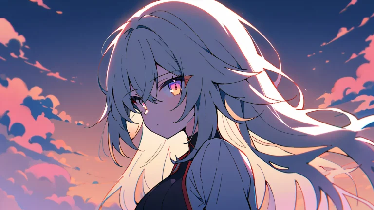 Girl gazing into the serene void of a bright and airy sky on a perfectly clean desktop/pc, with soft pastel colors.