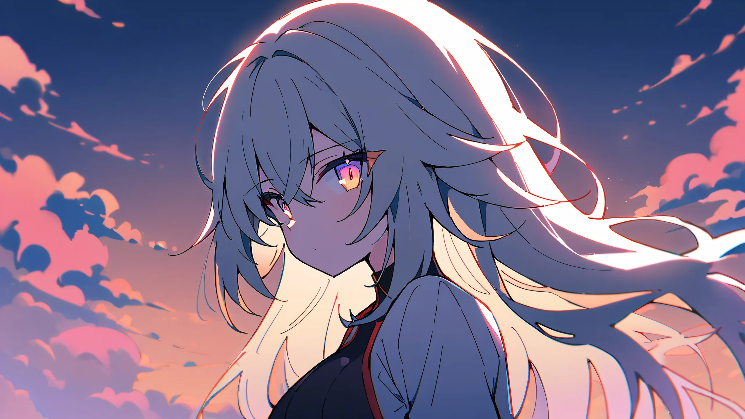 Girl gazing into the serene void of a bright and airy sky on a perfectly clean desktop/pc, with soft pastel colors.