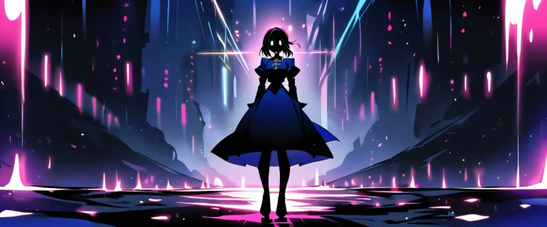 A perfectly clean vast pure void with a girl and saber looking at the viewer from a 21:9 ultrawide panoramic aspect ratio, suitable for desktop/pc.