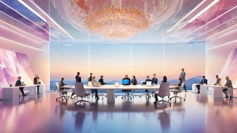 A stunning desktop wallpaper of online meeting attendees amidst a vast, pure void with radiant colors and ray-traced reflections for Desktop/PC.