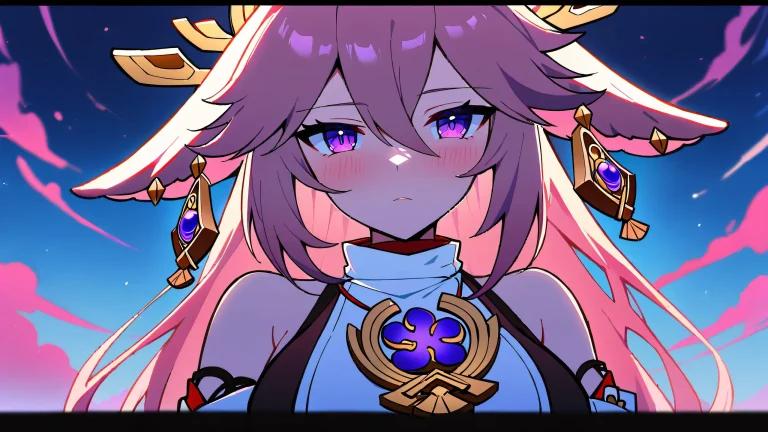A beautifully dressed Yae Miko stands in front of a breathtakingly vast, puro vacío, gazing directly at the viewer with an ethereal glow surrounding her. Suitable for desktop/pc.