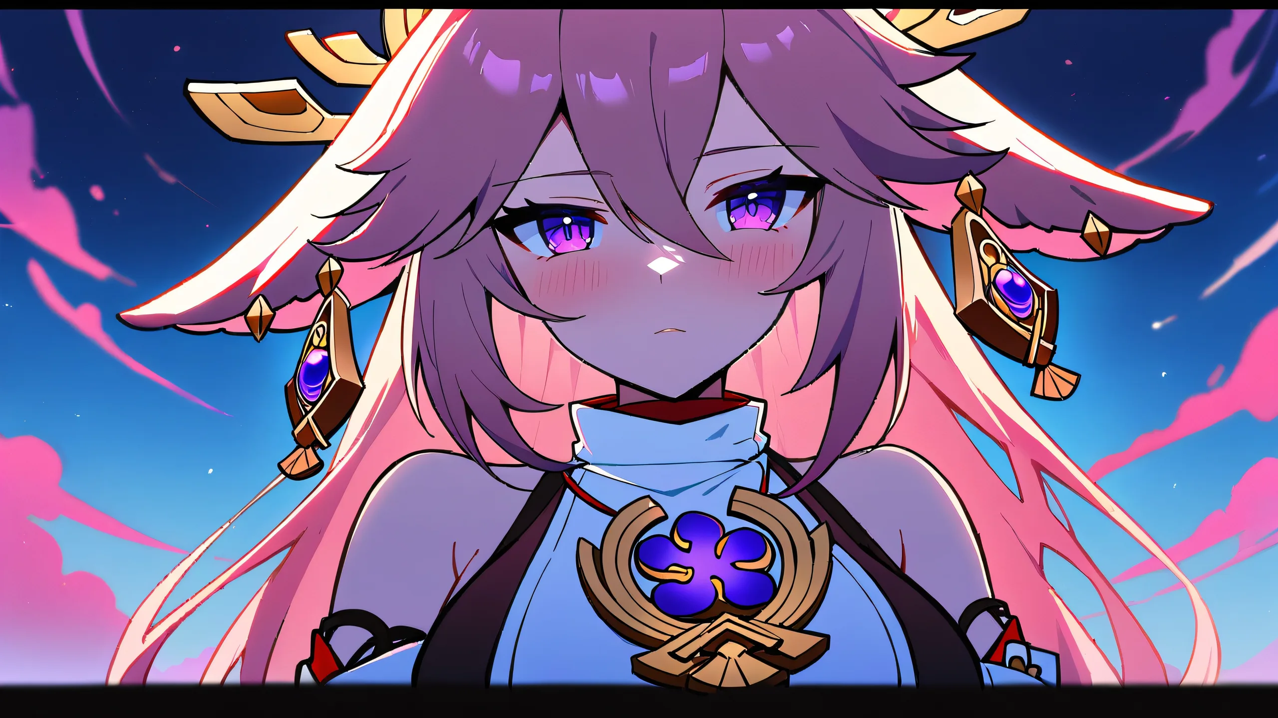 A beautifully dressed Yae Miko stands in front of a breathtakingly vast, pure void, gazing directly at the viewer with an ethereal glow surrounding her. Suitable for desktop/pc.