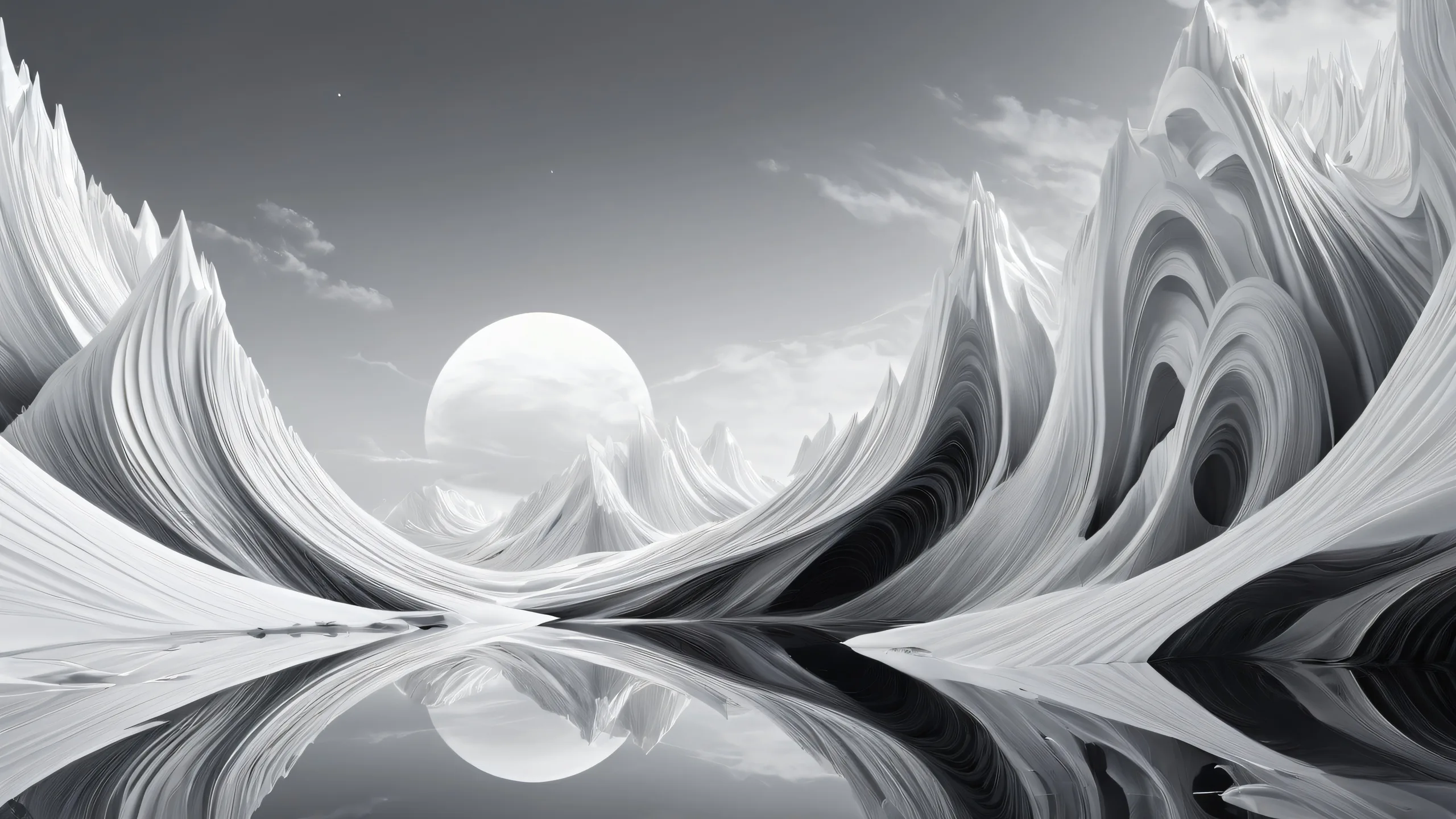 Beautiful monochrome desktop wallpaper of a vast pure void with ethereal lighting and ray traced reflections on a Desktop/PC