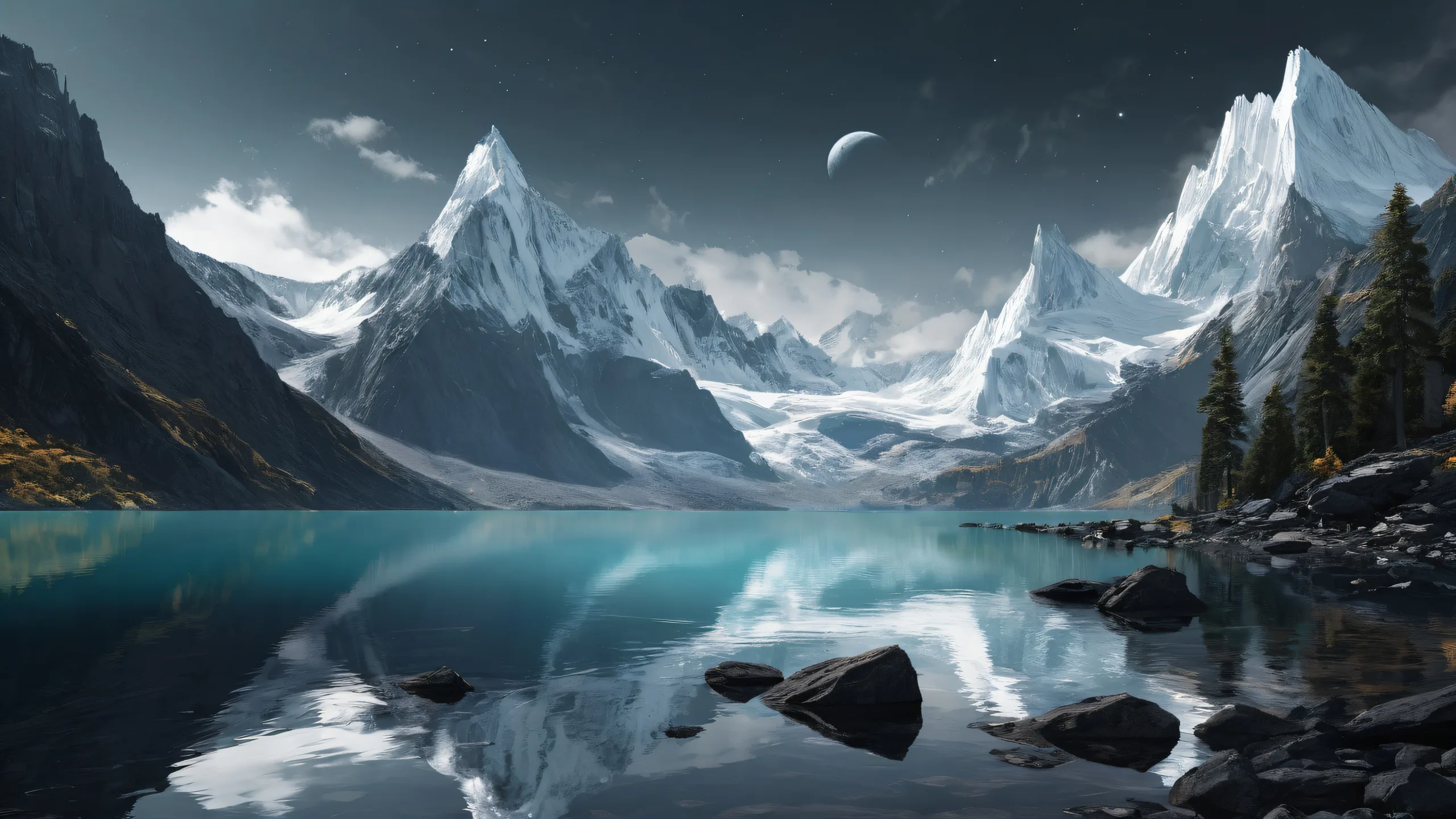 A beautiful desktop wallpaper of a dark shroud and black obsidian lake on a pure void background, suitable for a Desktop/PC.