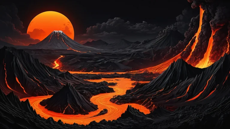 A serene desktop landscape featuring a thriving volcanic oasis on a vast, pure void background with intense scorching sun and heat waves, perfect for PC or Desktop use.