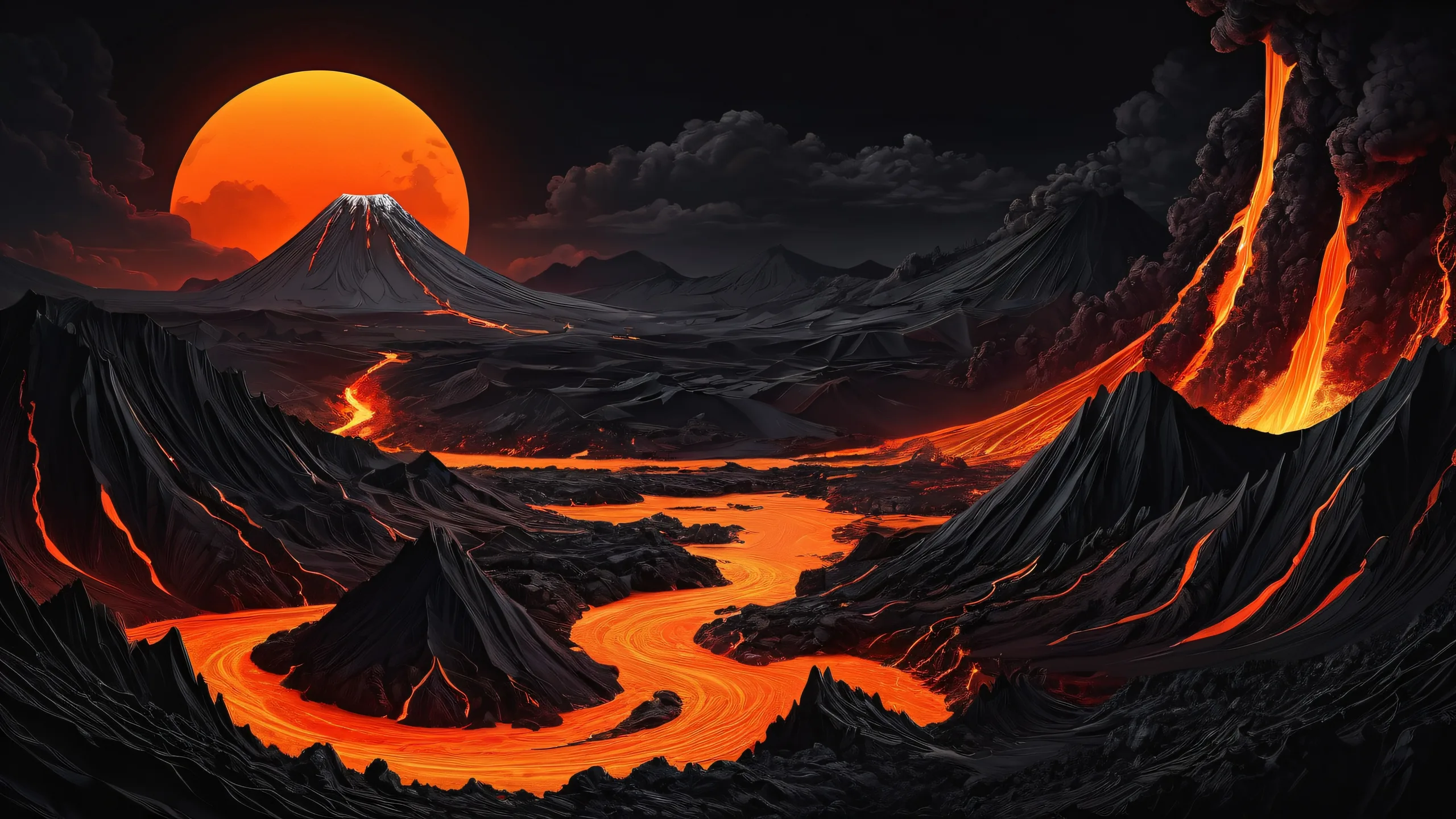 A serene desktop landscape featuring a thriving volcanic oasis on a vast, pure void background with intense scorching sun and heat waves, perfect for PC or Desktop use.