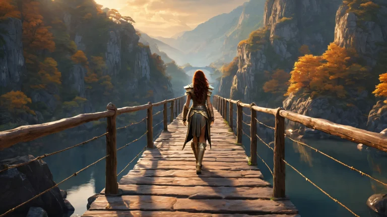 A serene desktop scene featuring a warrior woman standing on a misty cobblestone bridge, surrounded by a vast pure void, perfect for your desktop or PC.