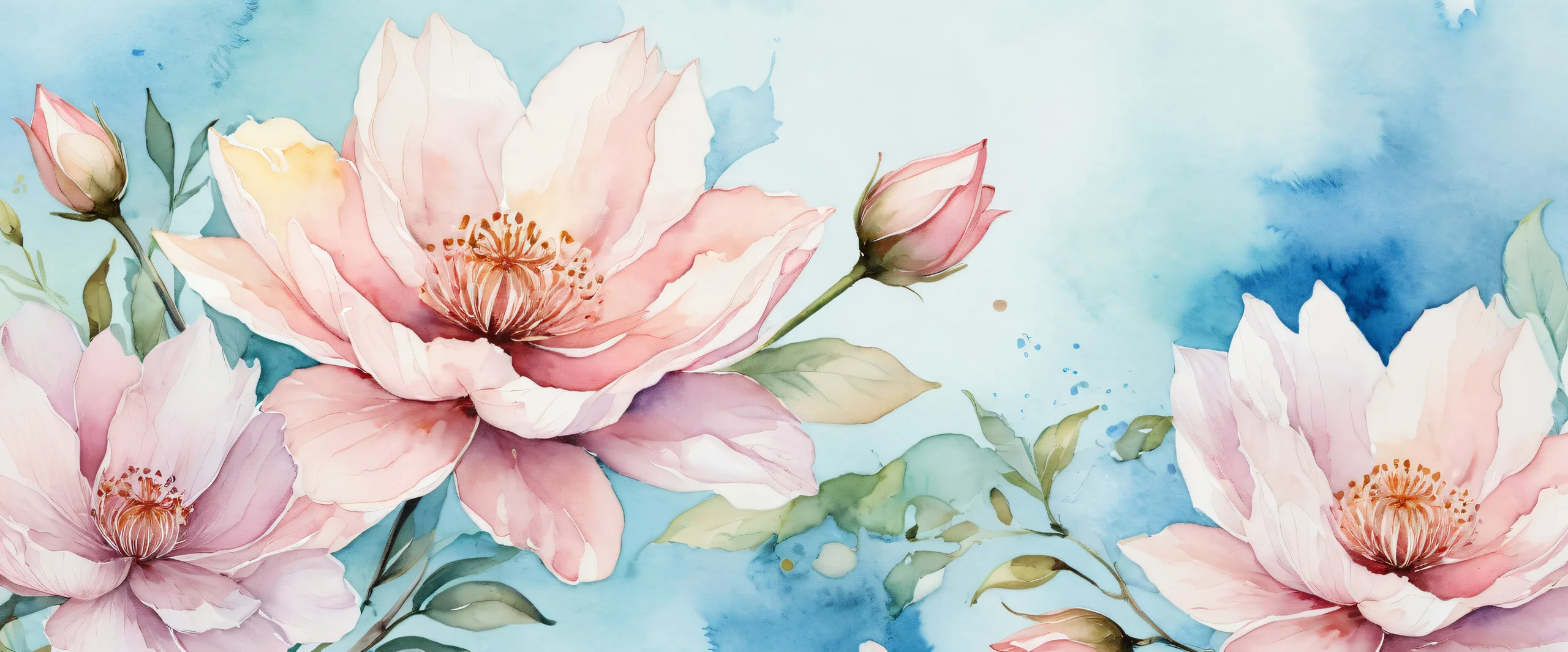 A breathtaking desktop wallpaper featuring Watercolor Blooms on a pristine pure void with extreme depth of field, suitable for Desktop/PC.