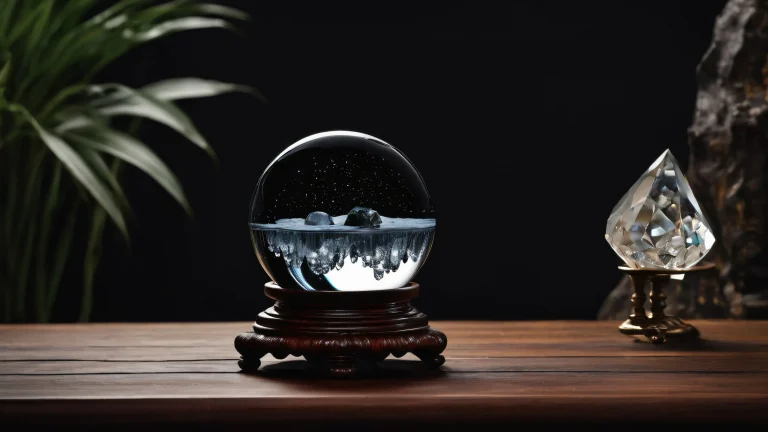 A mystical desktop scene featuring a waterfall and ancient crystal ball on a worn wooden table against a dark mode background for Desktop/PC