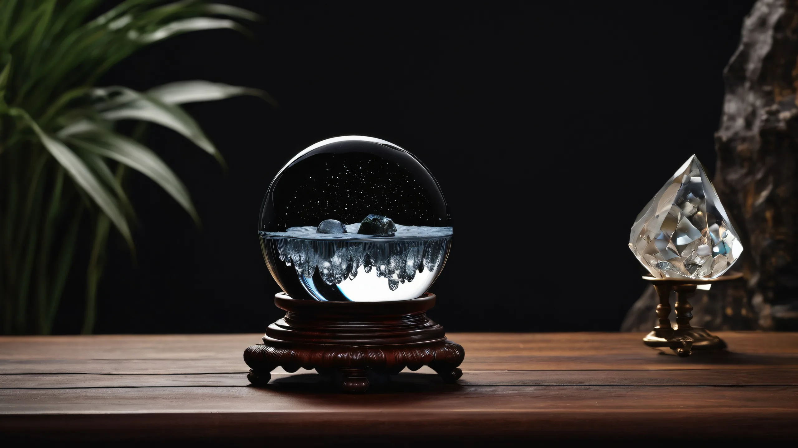 A mystical desktop scene featuring a waterfall and ancient crystal ball on a worn wooden table against a dark mode background for Desktop/PC