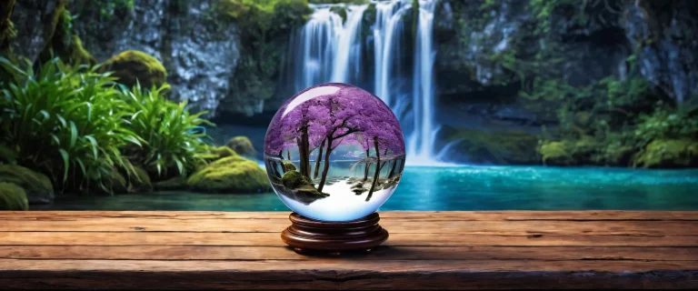 Breathtaking desktop wallpaper of a waterfall and crystal ball on a wooden table set against a vast pure void, ideal for your PC or Desktop.