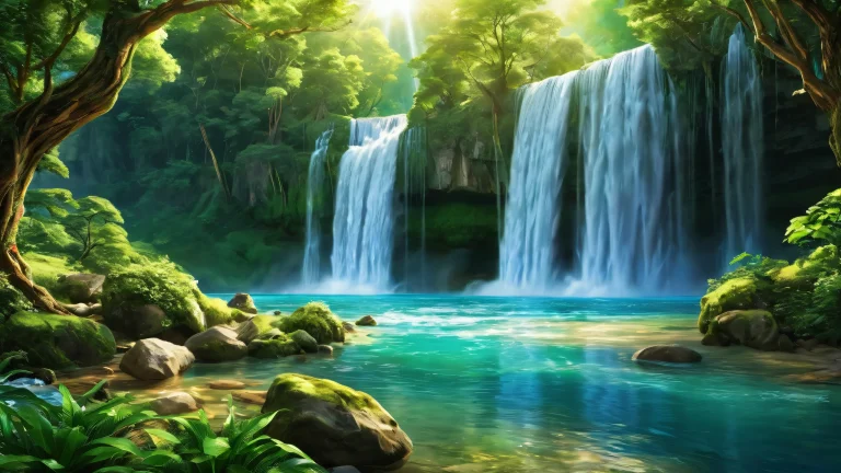 A breathtaking desktop wallpaper of a waterfall on a pristine void, suitable for a PC or Desktop screen reader.