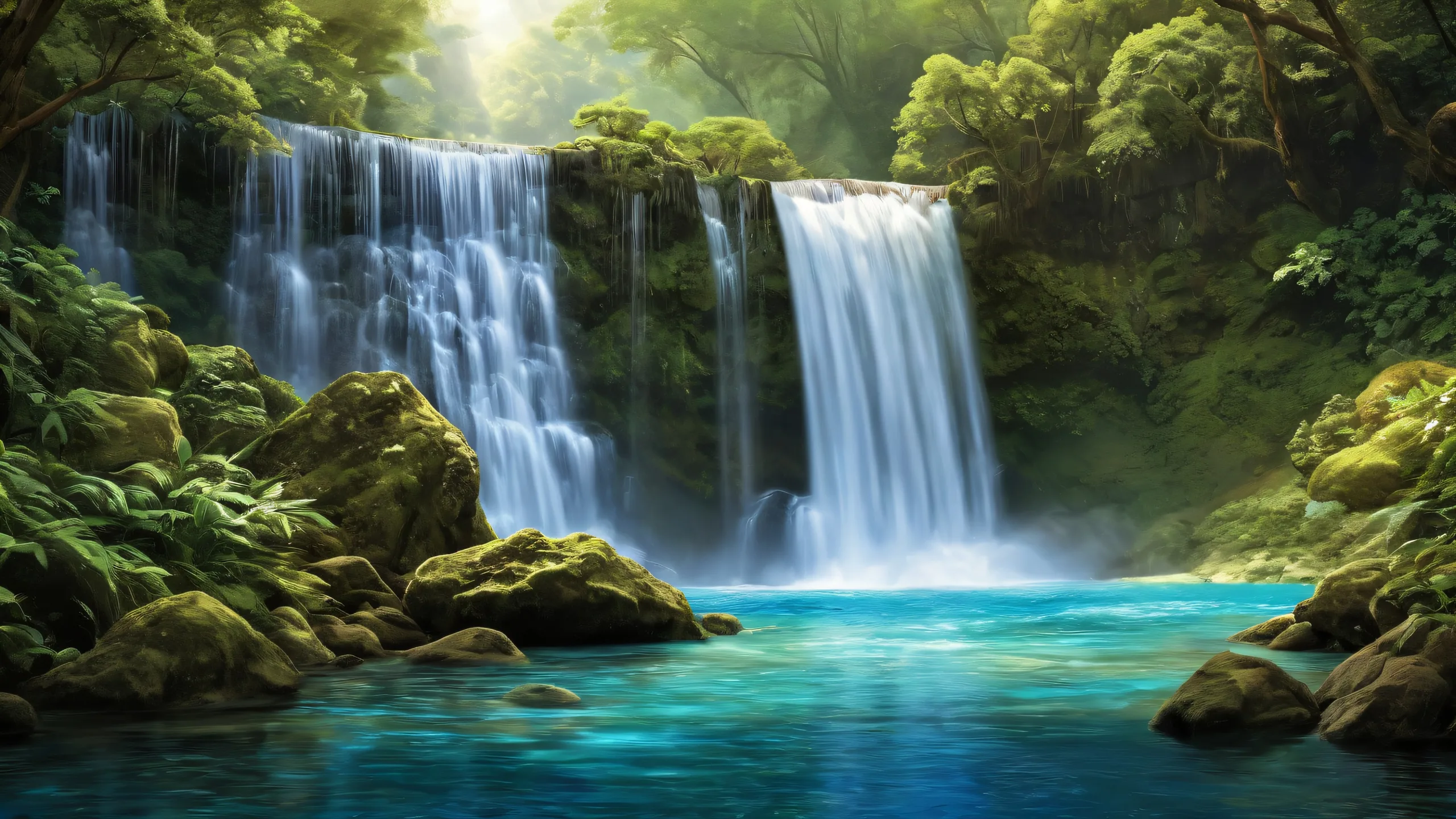 A serene and majestic waterfall on a pristine desktop/pc background, perfect for relaxation and focus.