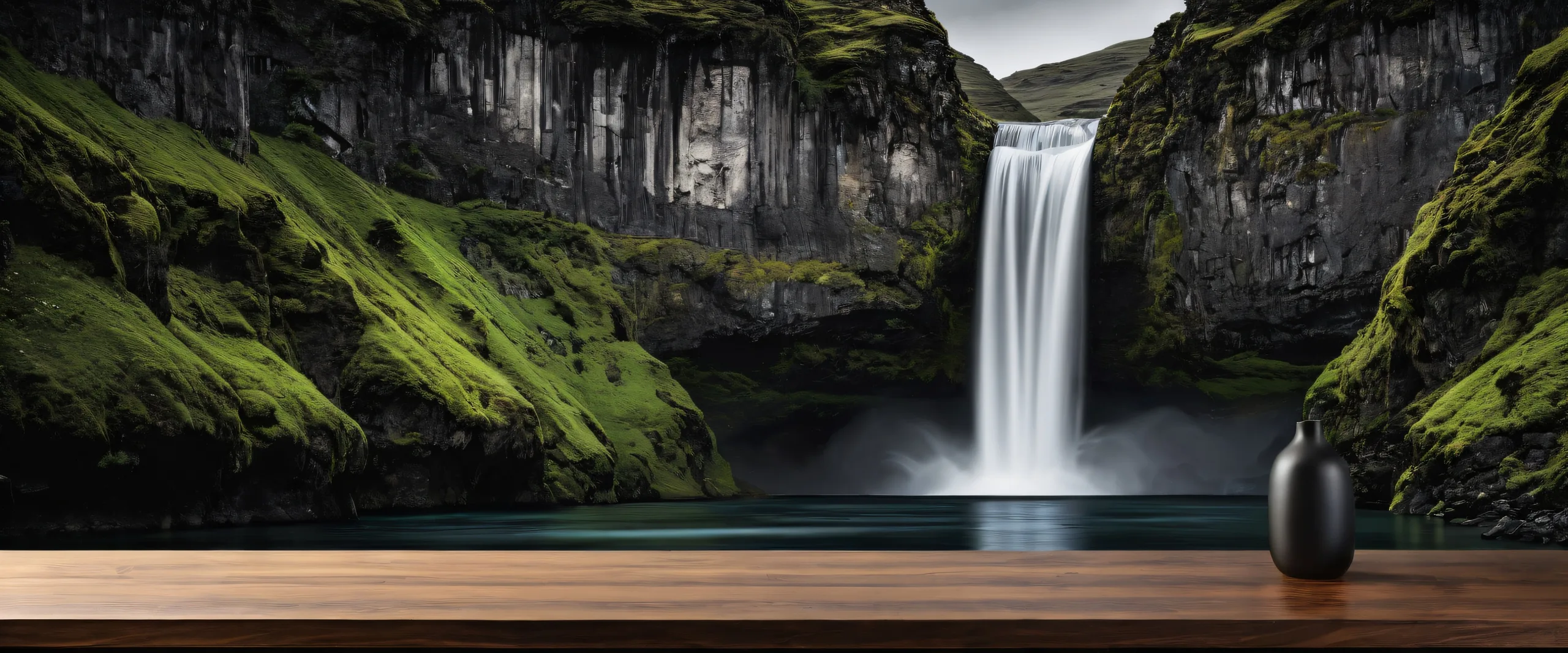 Breathtaking waterfall desktop for PC/Computer with old wooden table in distance