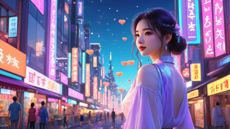 A serene and dreamy scene featuring an AI girlfriend on a futuristic neon city street with Desktop/PC in the background.
