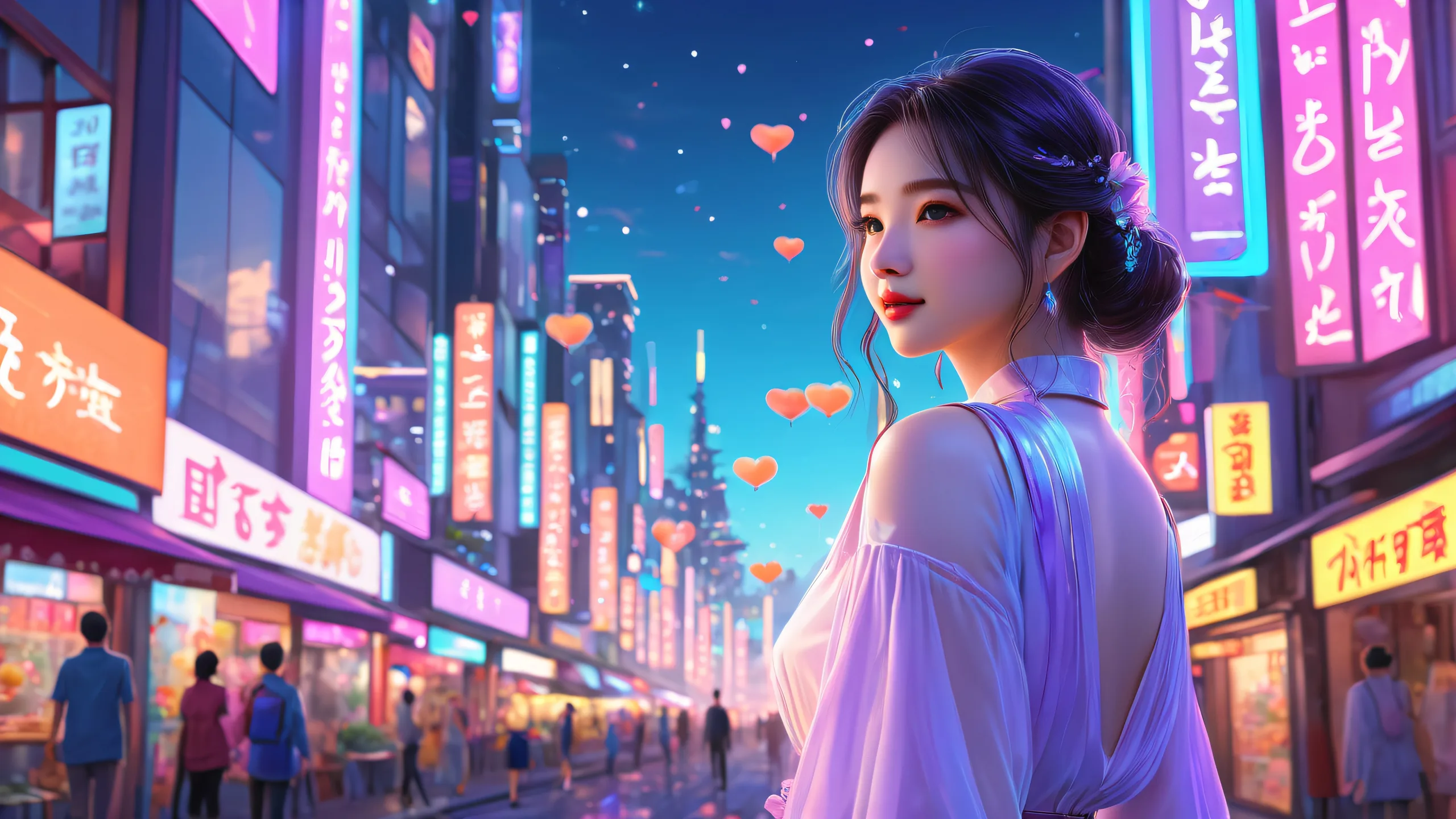 Dreamy AI Girlfriend Encounter Fond d'écran esthétiquete amie IA dans une rue futuriste de la ville au néon avec un ordinateur de bureau/PC en arrière-plan A serene and dreamy scene featuring an AI girlfriend on a futuristic neon city street with Desktop/PC in the background.