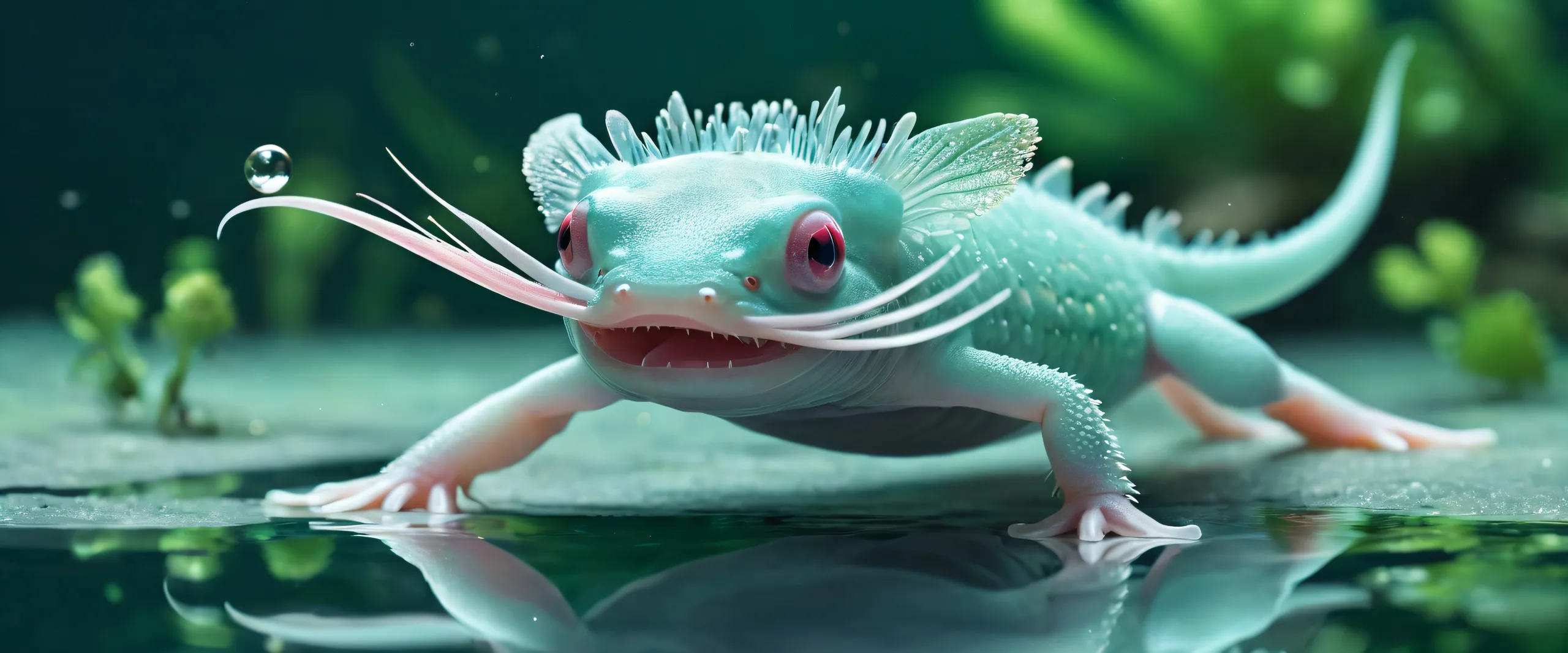 A serene desktop scene featuring axolotls in a vast, pure void on a Desktop/PC background.