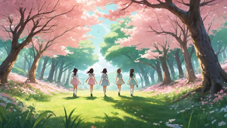 A serene desktop scene of multiple girls surrounded by a vast void with grassy terrain and towering trees in the background, perfect for PC or laptop use.