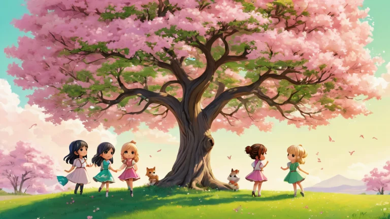 A serene grassy field with miniature chibi girls and a majestic tree, perfect for desktop/pc backgrounds.