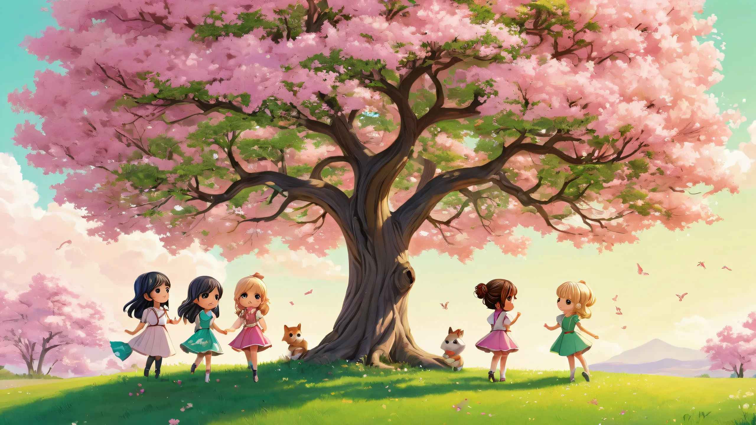 A serene grassy field with miniature chibi girls and a majestic tree, perfect for desktop/pc backgrounds.