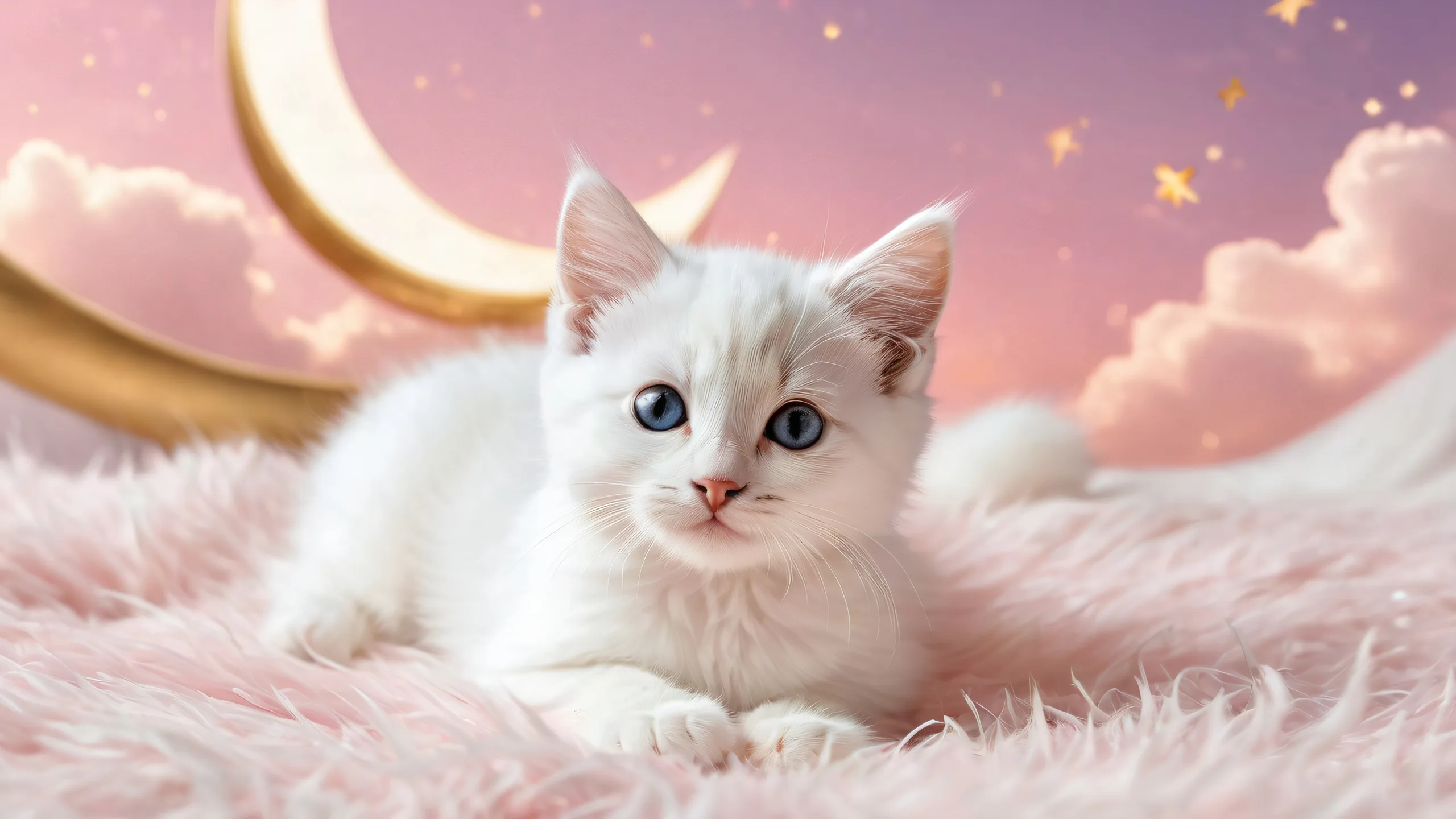 A serene desktop scene featuring a kitten in a pristine void surrounded by celestial bodies and soft clouds, suitable for Desktop/PC use.